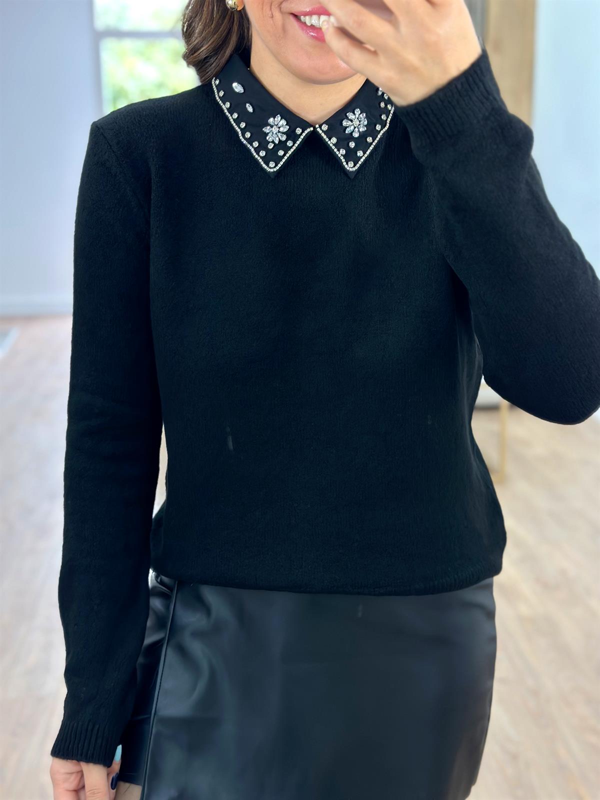 Gömlek Yaka Taşlı Triko-Siyah