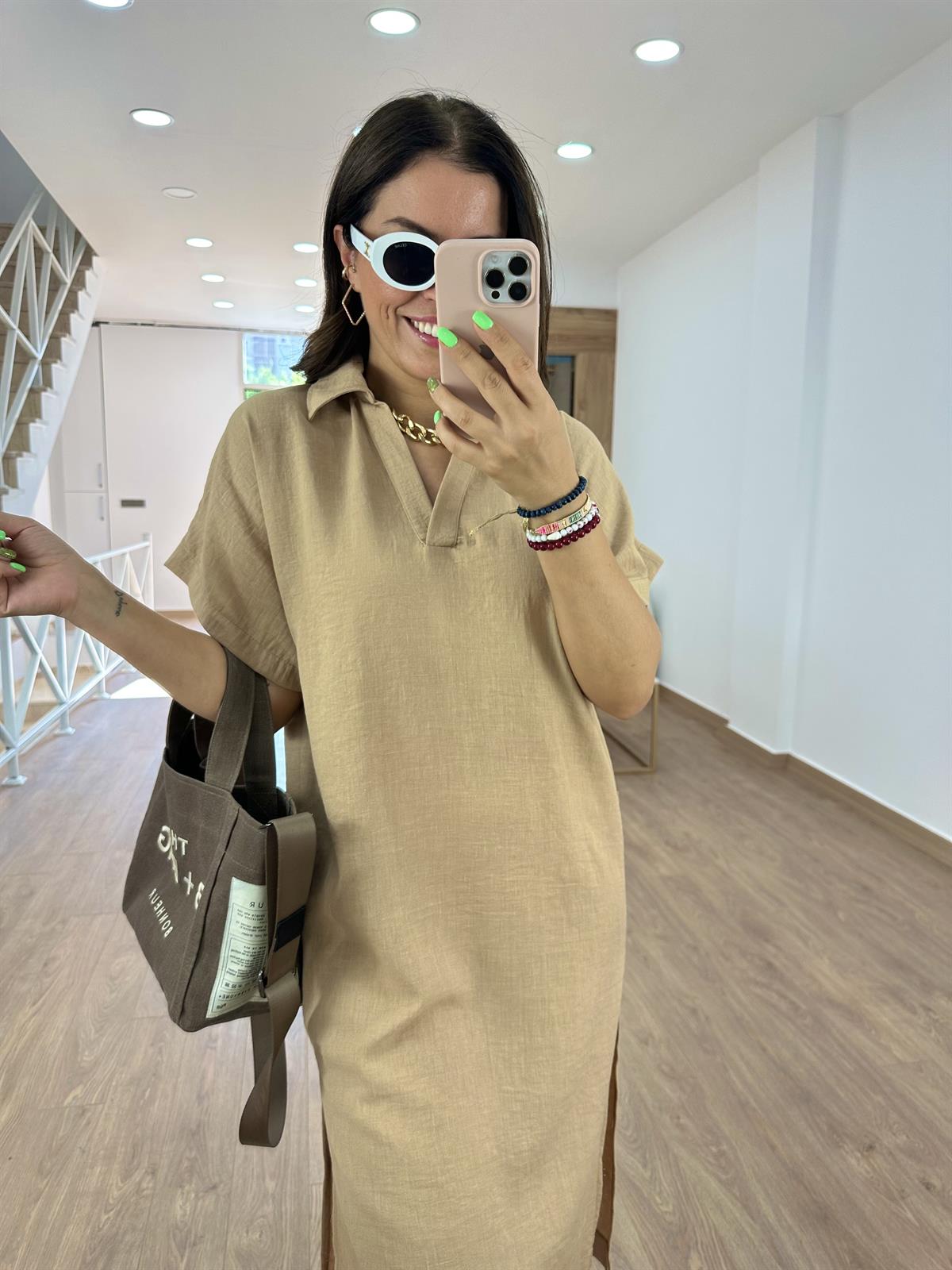 Gömlek Yaka Yırtmaçlı Salaş Elbise-Camel