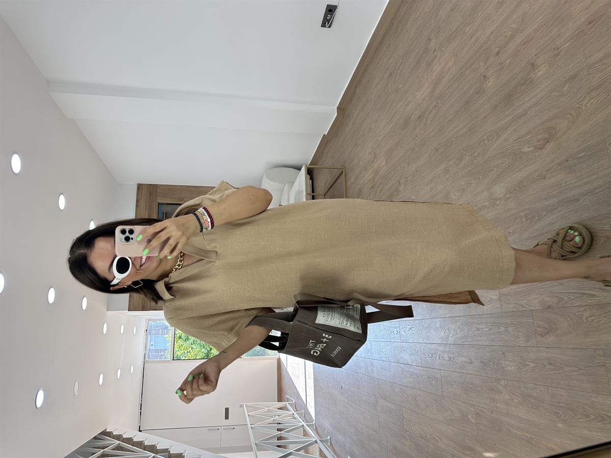 Gömlek Yaka Yırtmaçlı Salaş Elbise-Camel