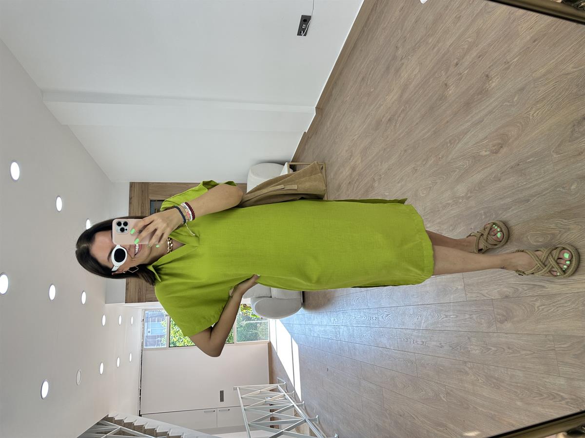 Gömlek Yaka Yırtmaçlı Salaş Elbise-Fıstık Yeşili