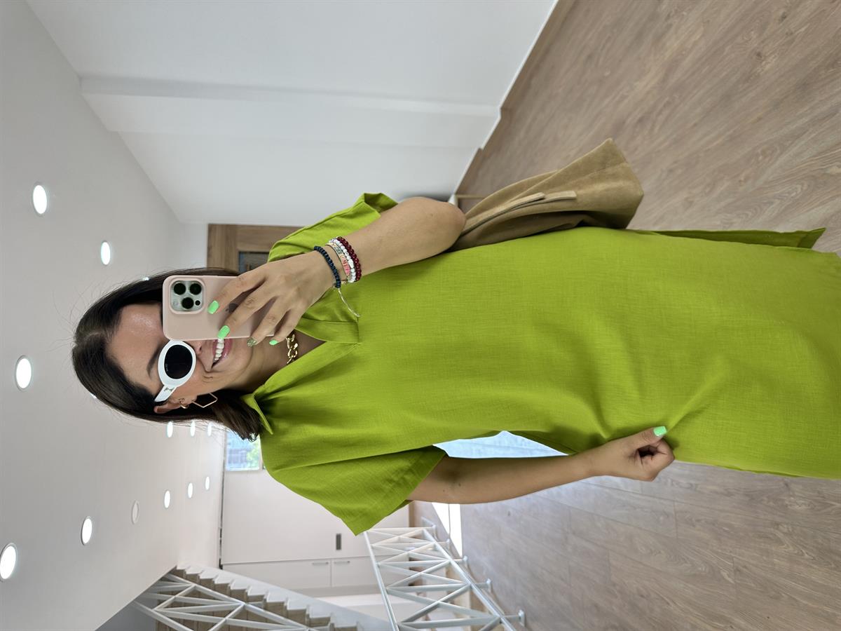 Gömlek Yaka Yırtmaçlı Salaş Elbise-Fıstık Yeşili