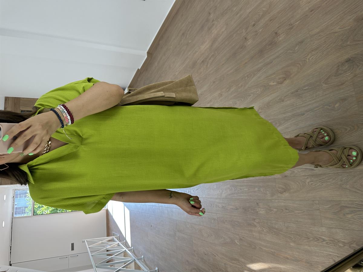 Gömlek Yaka Yırtmaçlı Salaş Elbise-Fıstık Yeşili