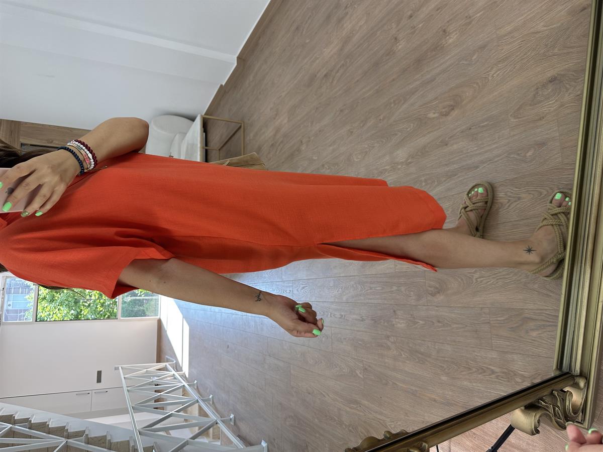 Gömlek Yaka Yırtmaçlı Salaş Elbise-Nar Çiçeği