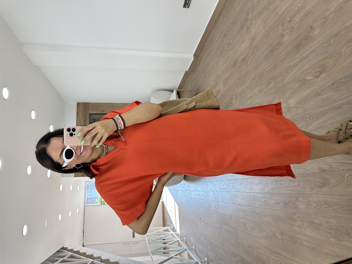 Gömlek Yaka Yırtmaçlı Salaş Elbise-Nar Çiçeği