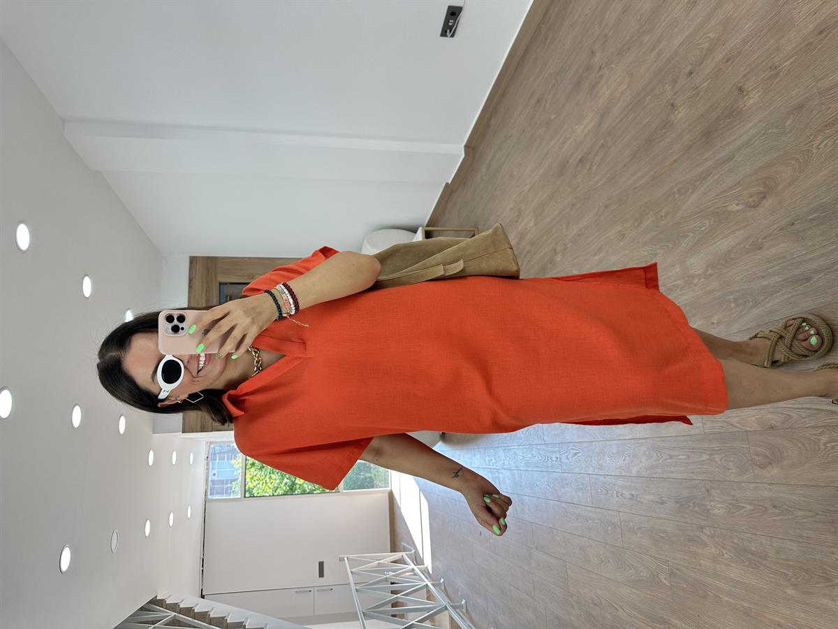 Gömlek Yaka Yırtmaçlı Salaş Elbise-Nar Çiçeği