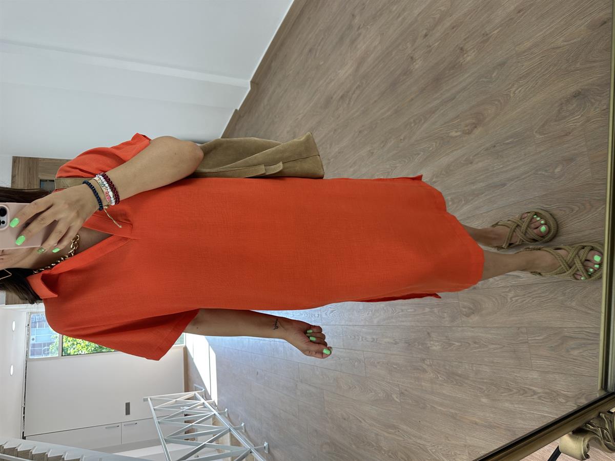 Gömlek Yaka Yırtmaçlı Salaş Elbise-Nar Çiçeği