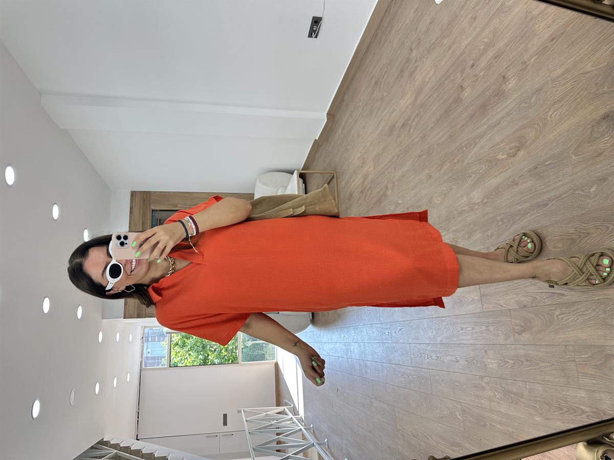 Gömlek Yaka Yırtmaçlı Salaş Elbise-Nar Çiçeği