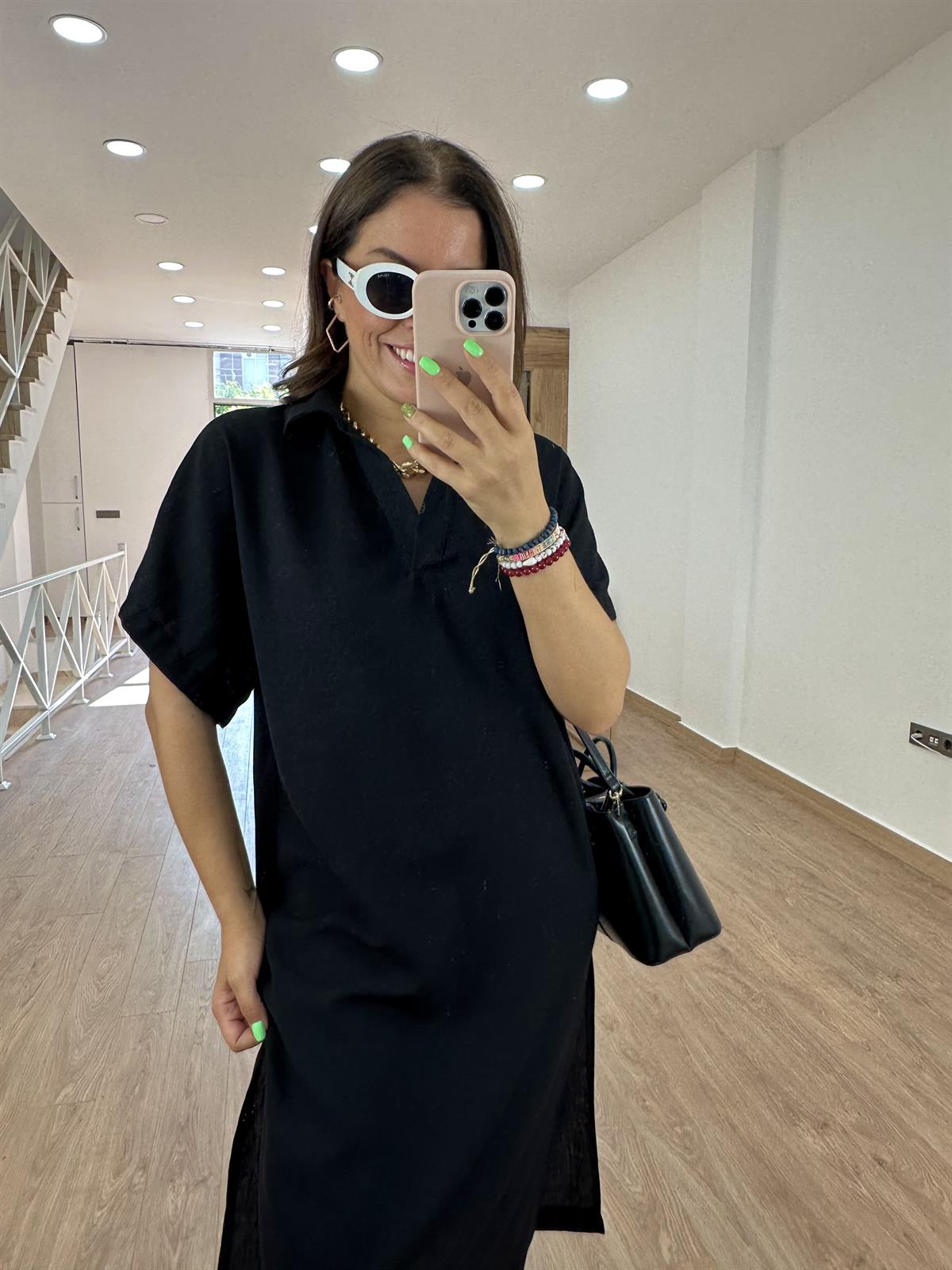 Gömlek Yaka Yırtmaçlı Salaş Elbise-Siyah