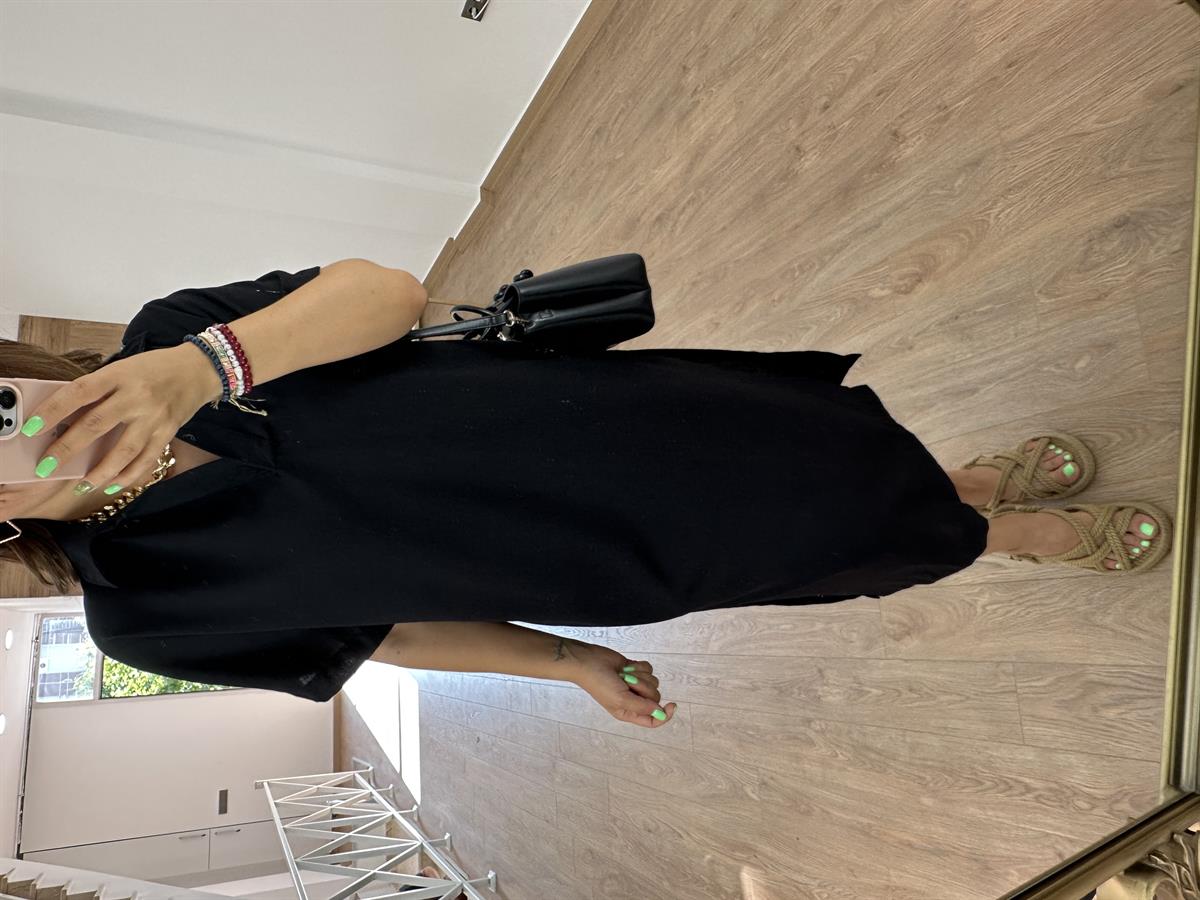 Gömlek Yaka Yırtmaçlı Salaş Elbise-Siyah