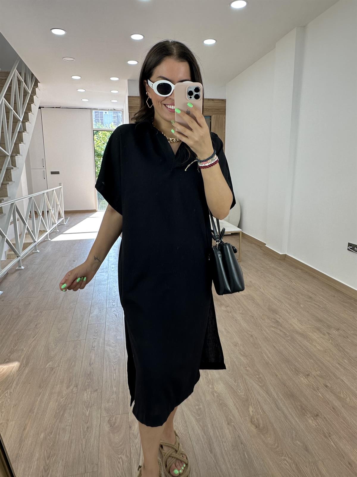 Gömlek Yaka Yırtmaçlı Salaş Elbise-Siyah