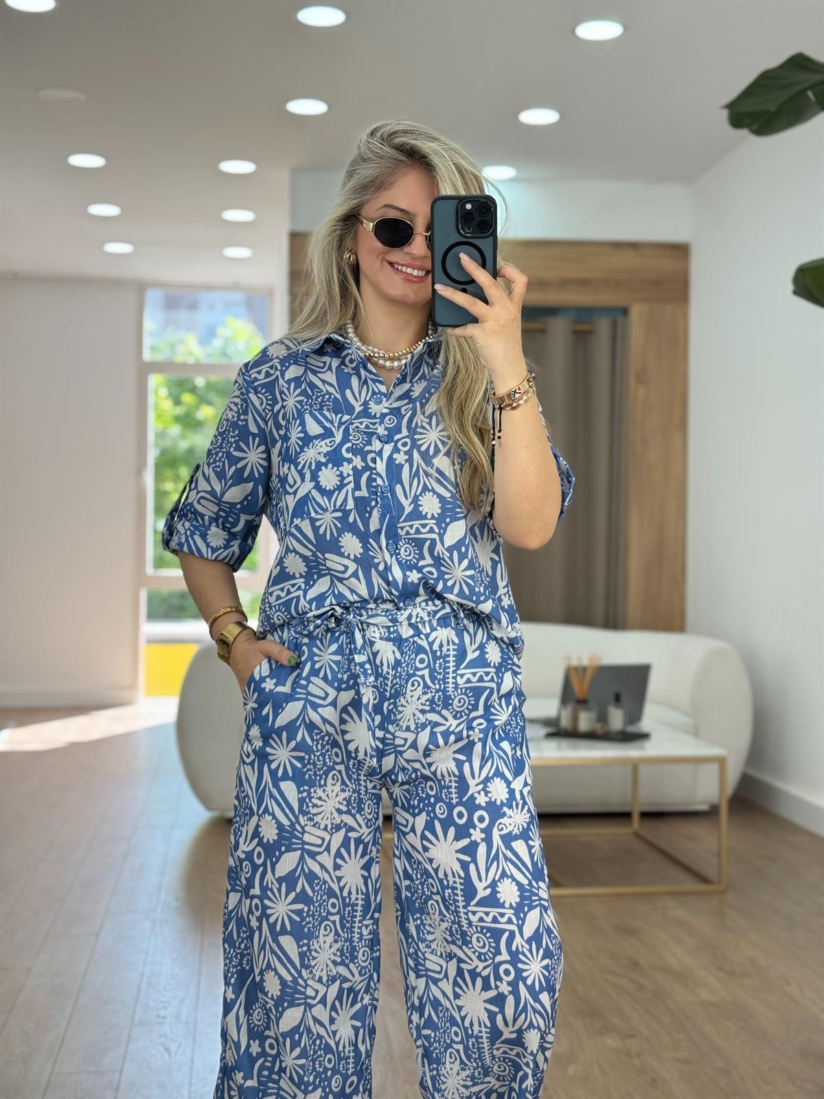 Gömlekli Desenli Keten Takım-Mavi