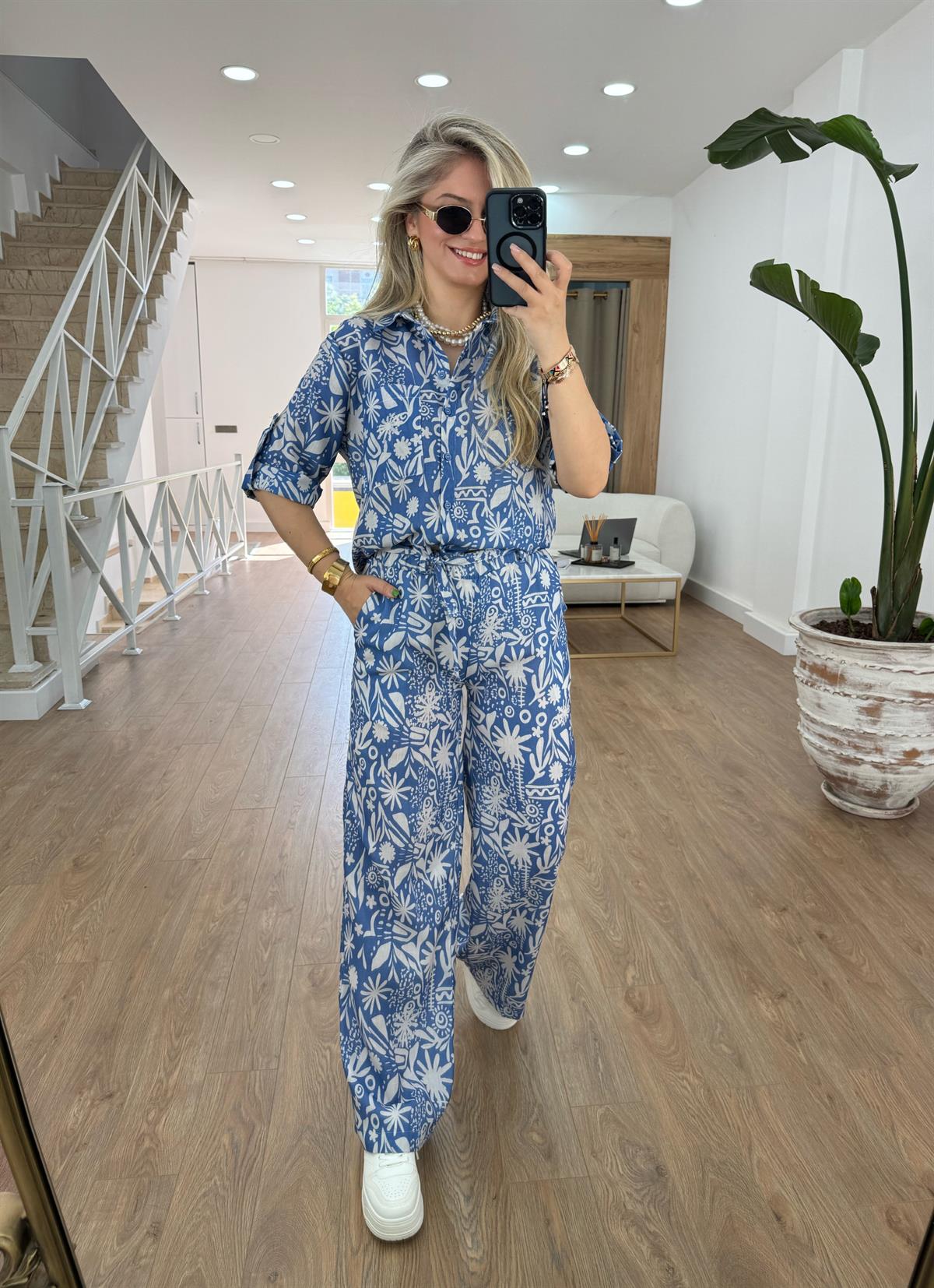 Gömlekli Desenli Keten Takım-Mavi