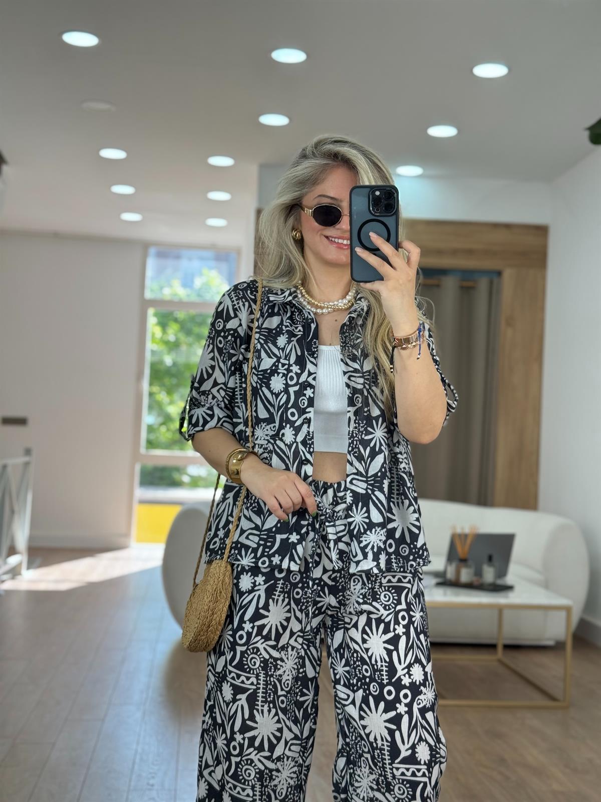 Gömlekli Desenli Keten Takım-Siyah