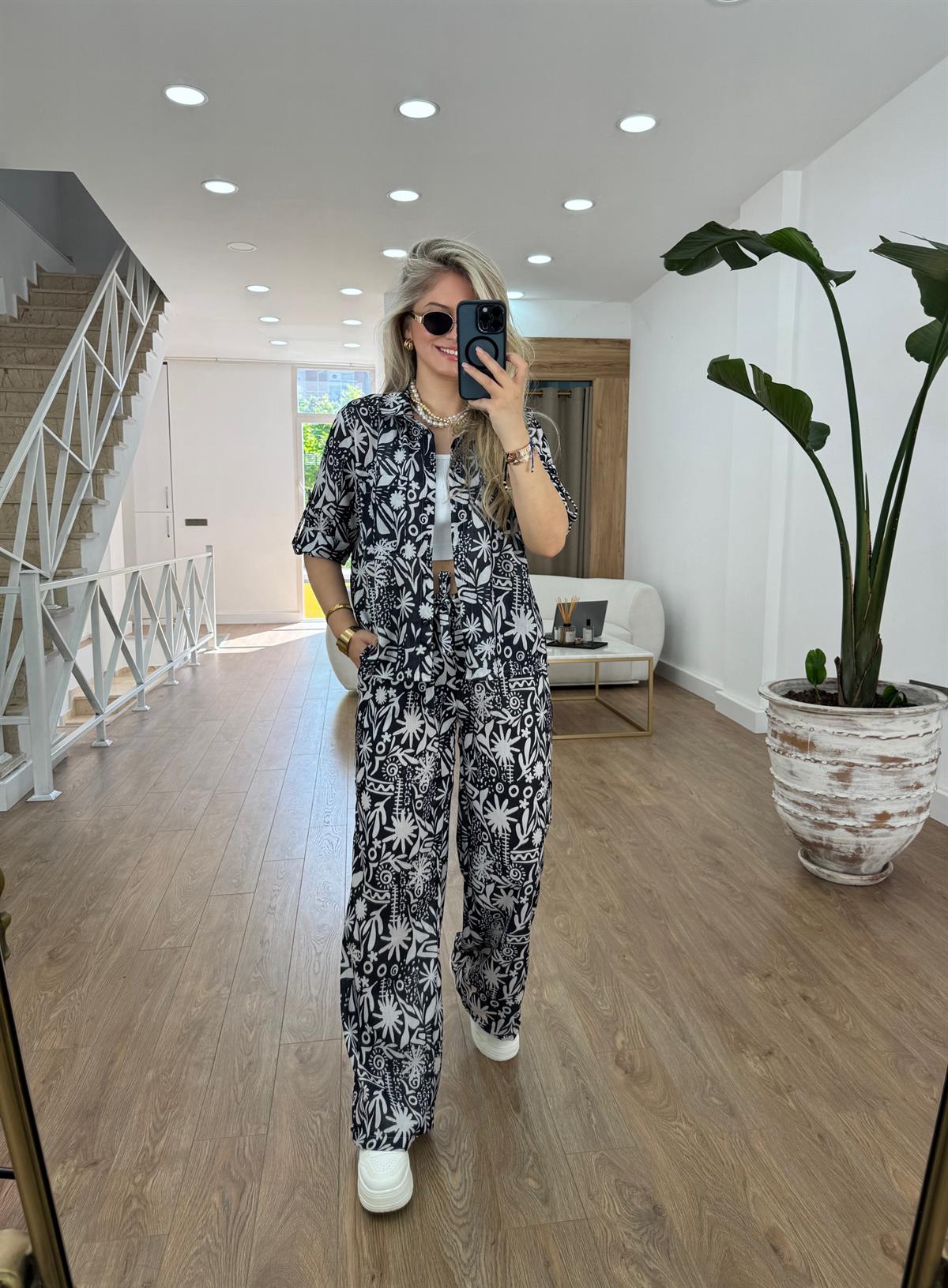 Gömlekli Desenli Keten Takım-Siyah