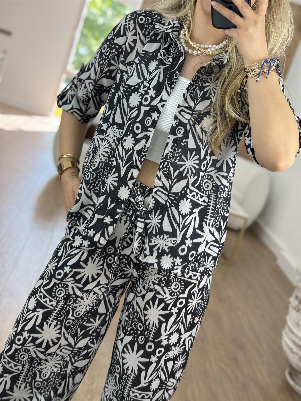 Gömlekli Desenli Keten Takım-Siyah