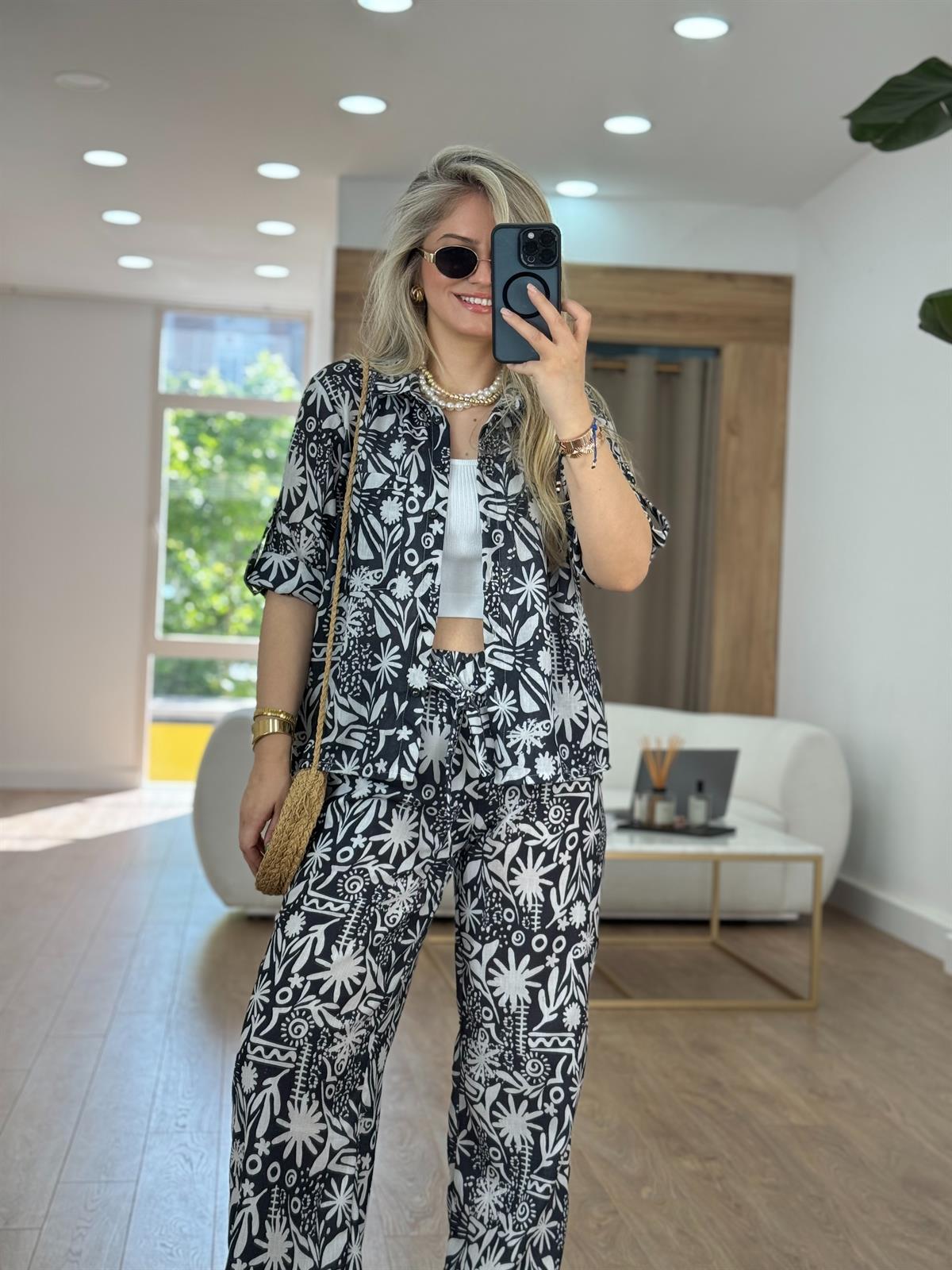 Gömlekli Desenli Keten Takım-Siyah