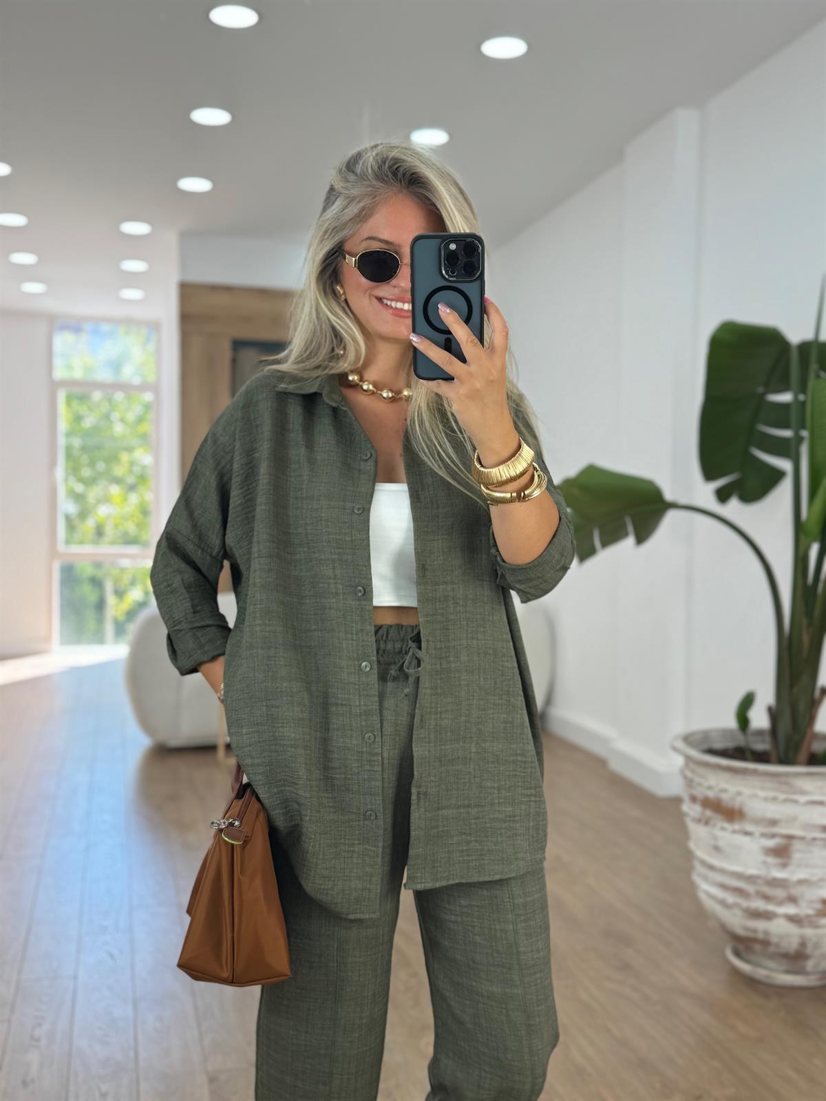 Gömlekli Keten Takım-Haki