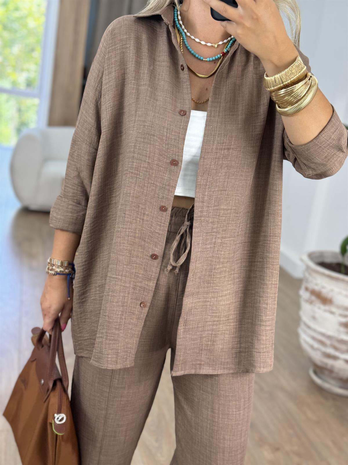 Gömlekli Keten Takım-Kahve