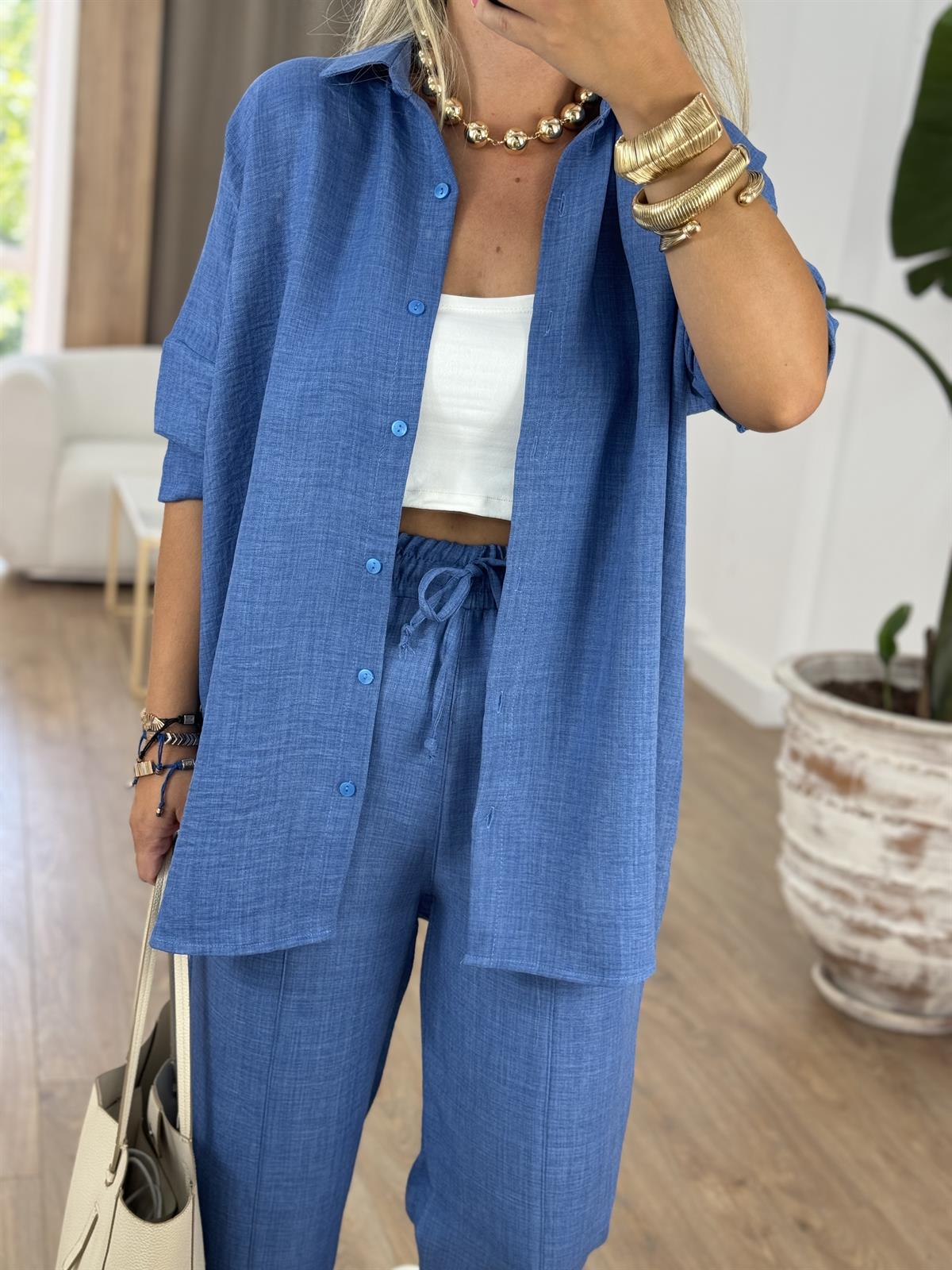 Gömlekli Keten Takım-Mavi