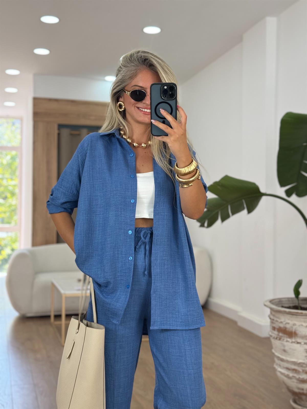 Gömlekli Keten Takım-Mavi