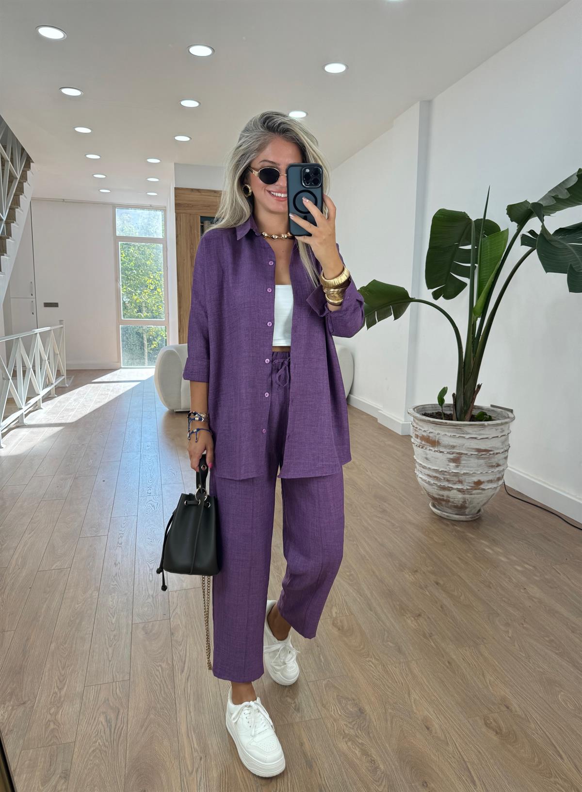 Gömlekli Keten Takım-Mor