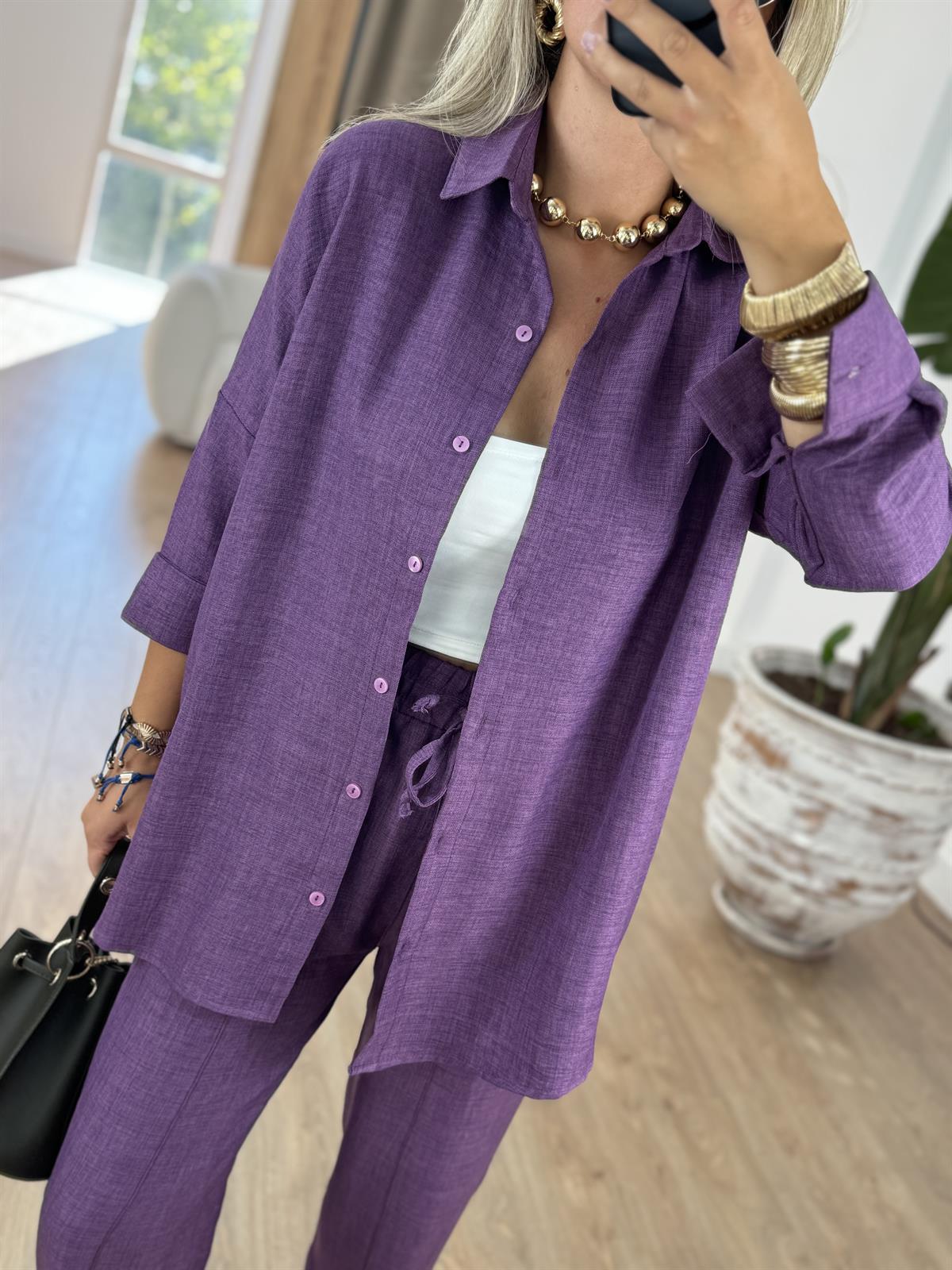 Gömlekli Keten Takım-Mor