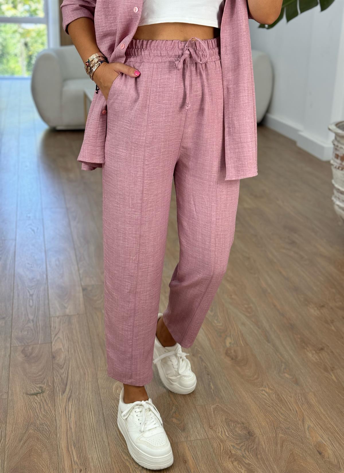 Gömlekli Keten Takım-Pembe