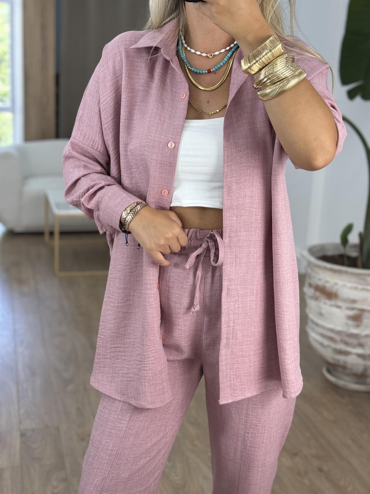 Gömlekli Keten Takım-Pembe