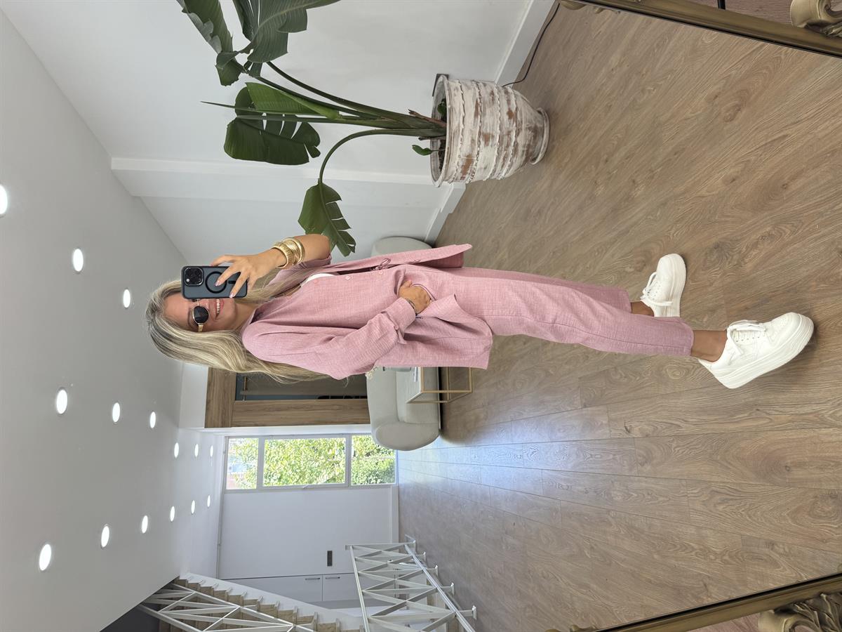 Gömlekli Keten Takım-Pembe