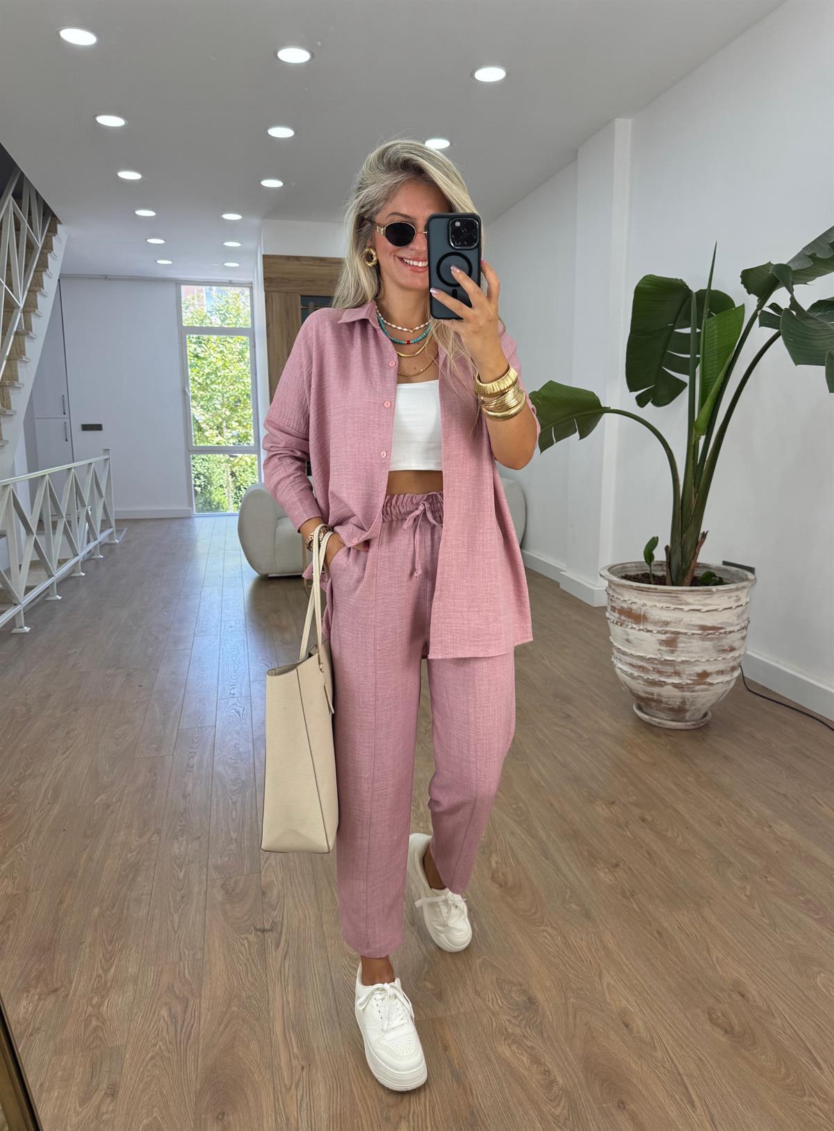 Gömlekli Keten Takım-Pembe