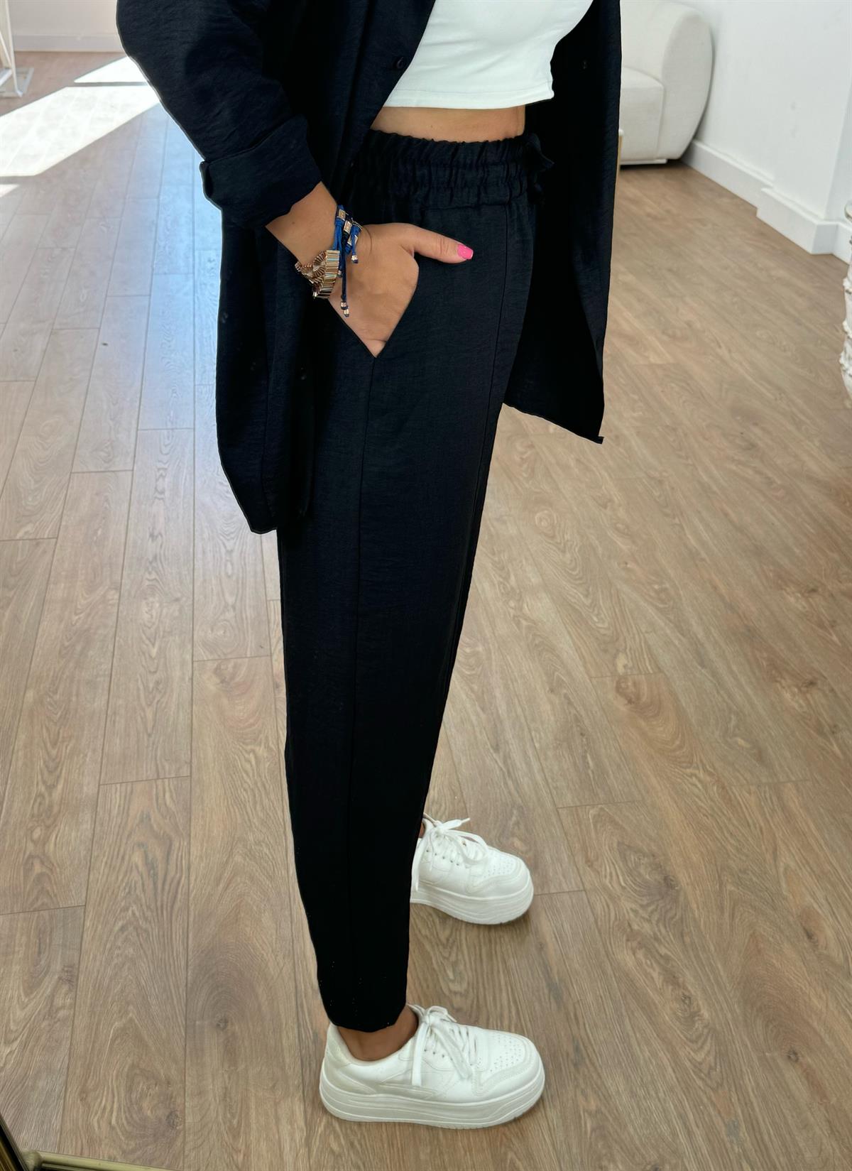 Gömlekli Keten Takım-Siyah