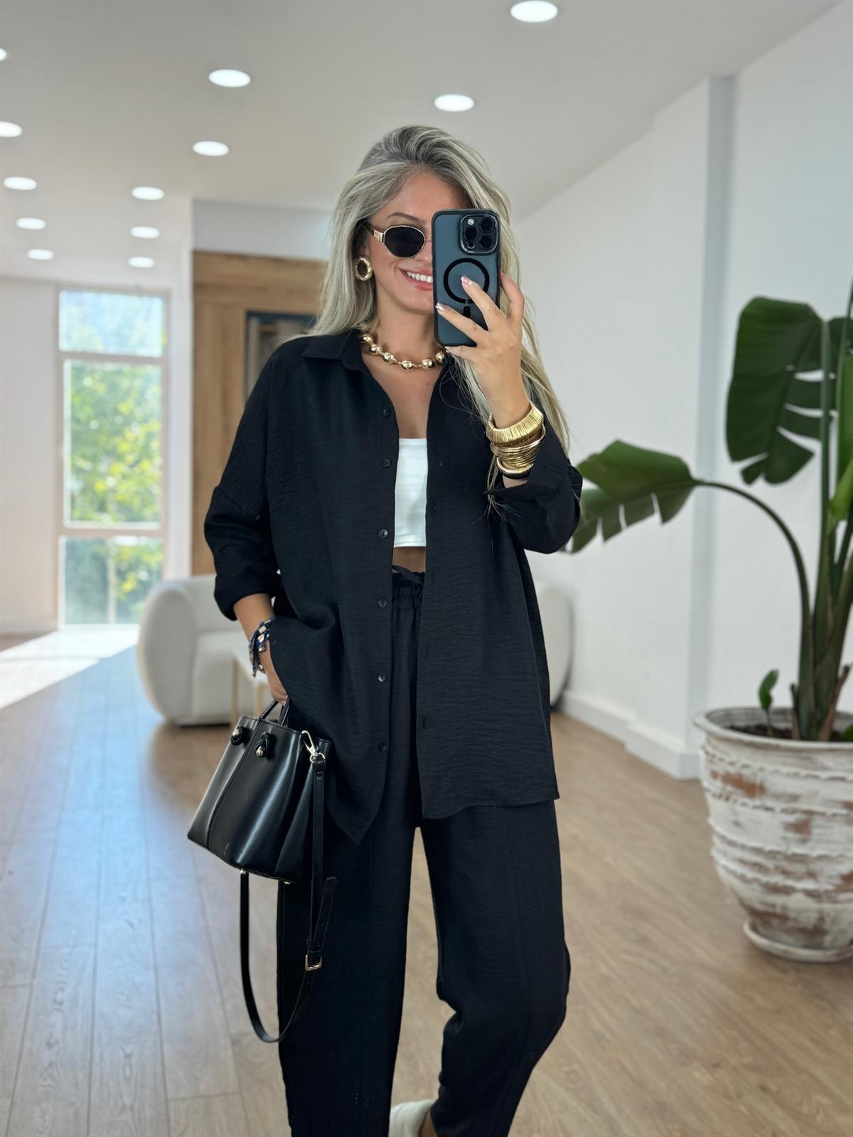 Gömlekli Keten Takım-Siyah