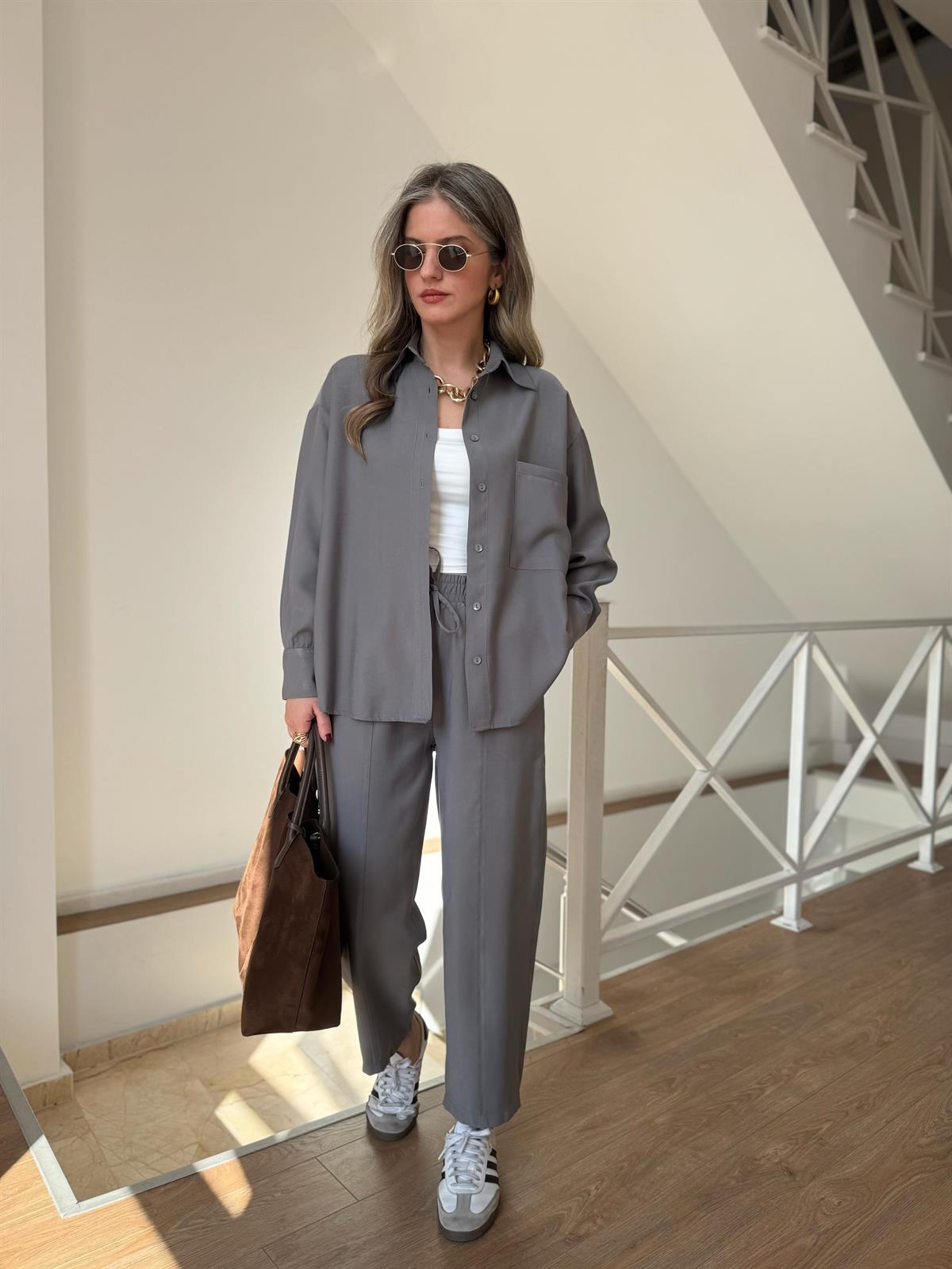 Gömlekli Modal Takım - Gri