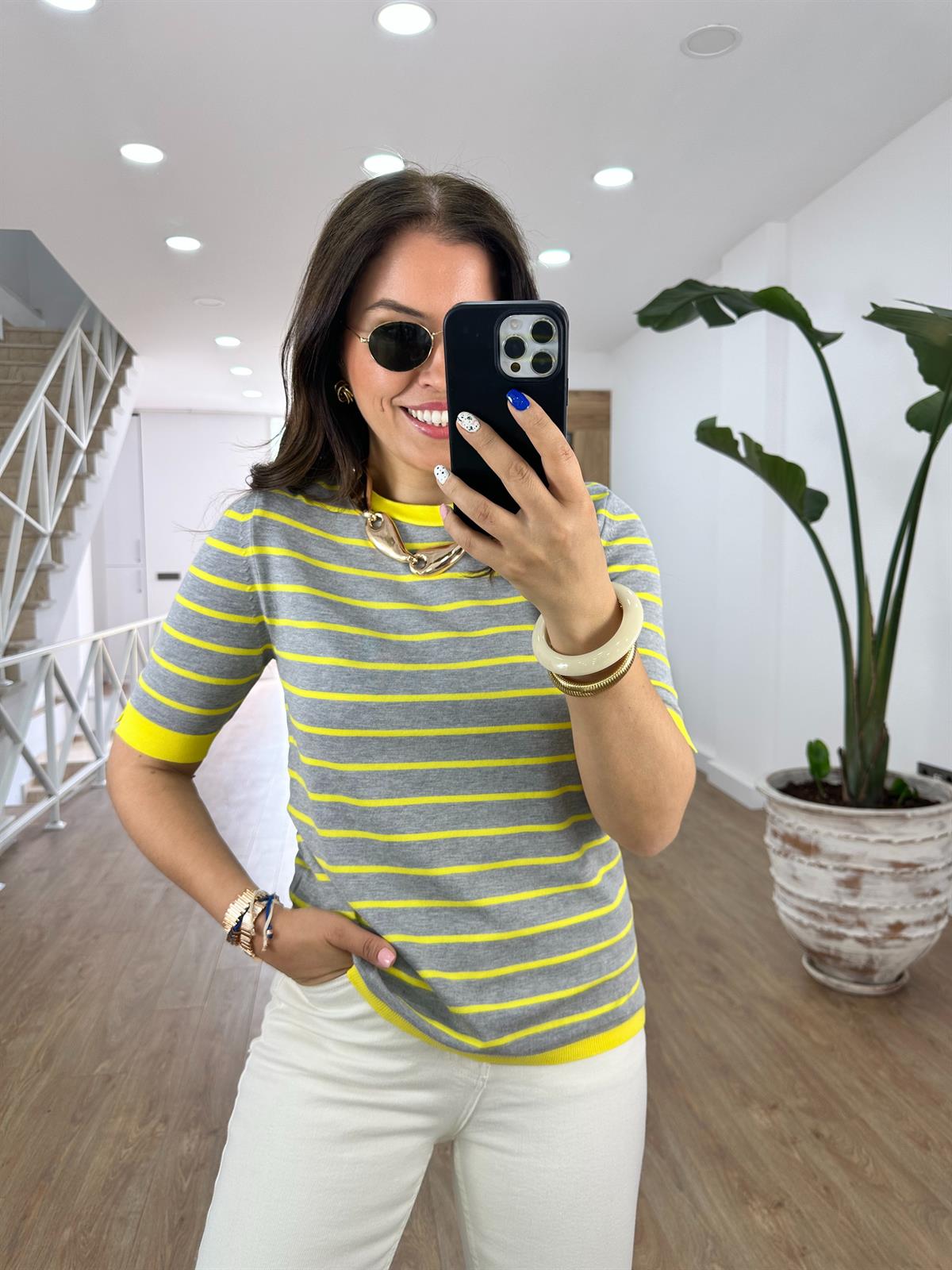 Gri Üzeri Sarı Çizgili Merserize Triko