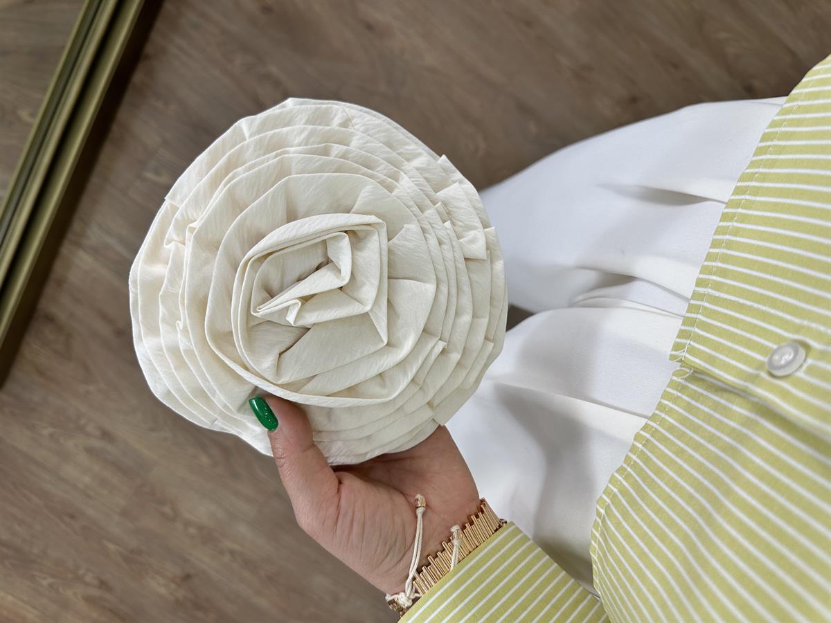 Gül Broşlu Çizgili Crop Gömlek