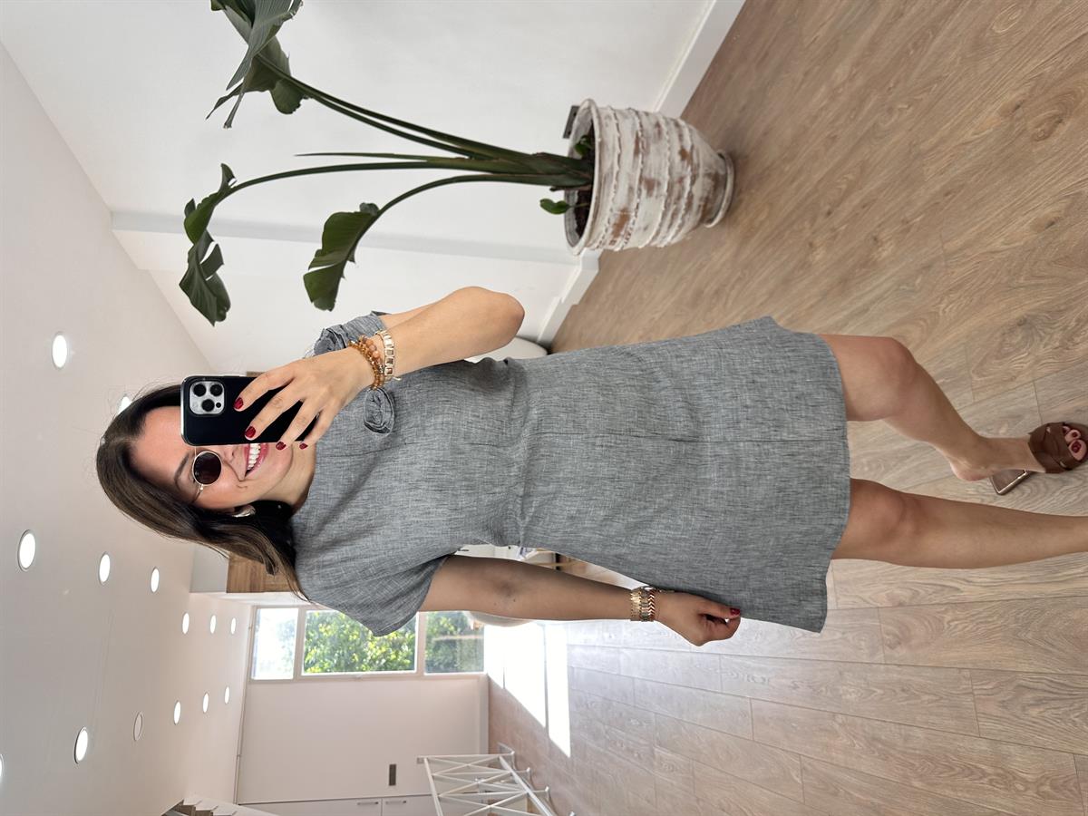 Gül Detaylı Pamuk Keten Elbise-Gri