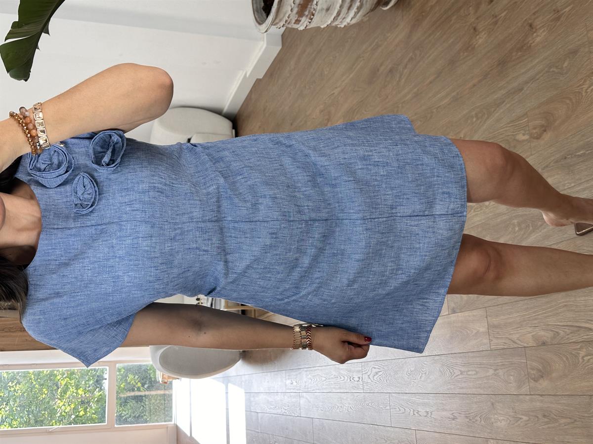 Gül Detaylı Pamuk Keten Elbise-Mavi