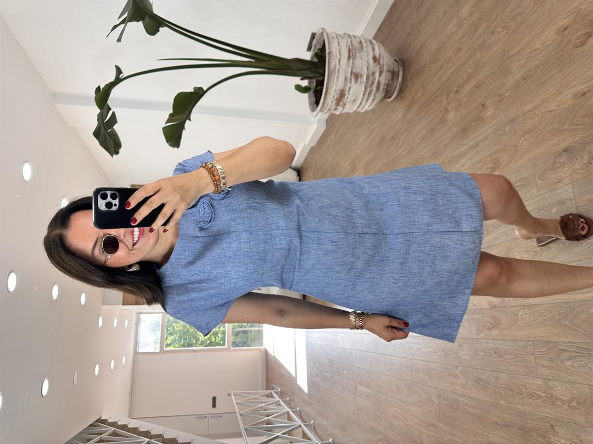 Gül Detaylı Pamuk Keten Elbise-Mavi