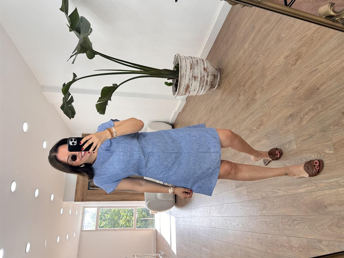 Gül Detaylı Pamuk Keten Elbise-Mavi