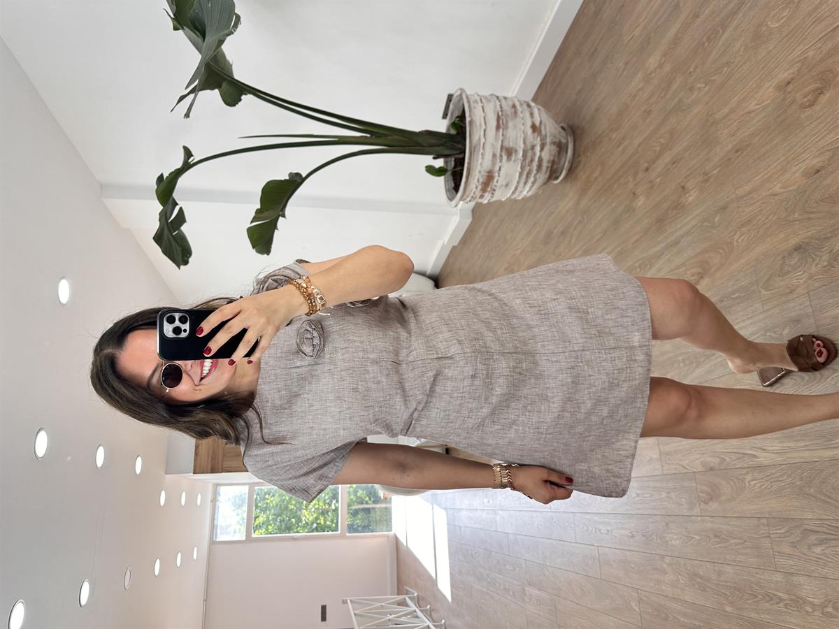 Gül Detaylı Pamuk Keten Elbise-Vizon