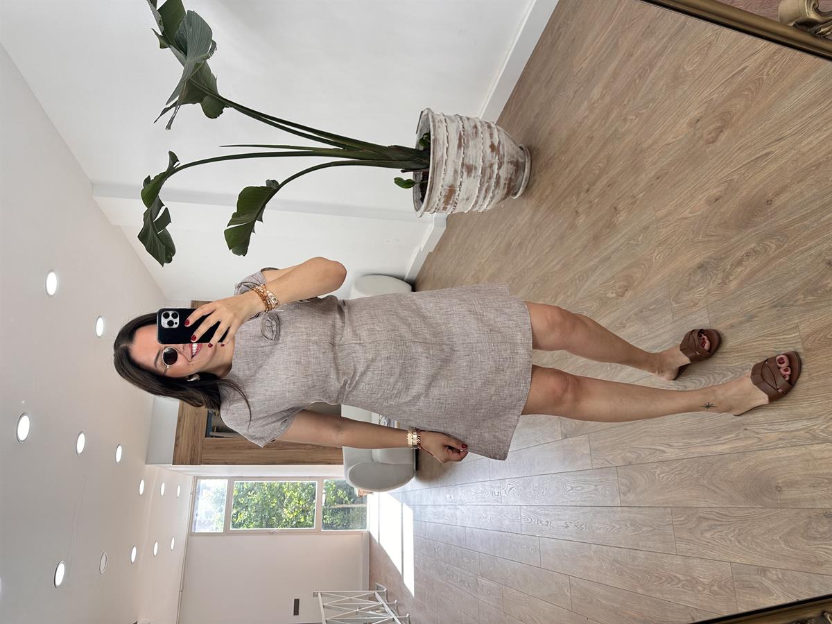 Gül Detaylı Pamuk Keten Elbise-Vizon