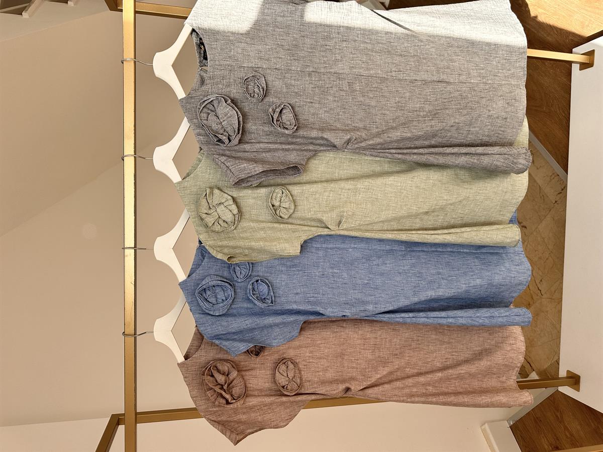 Gül Detaylı Pamuk Keten Elbise-Vizon