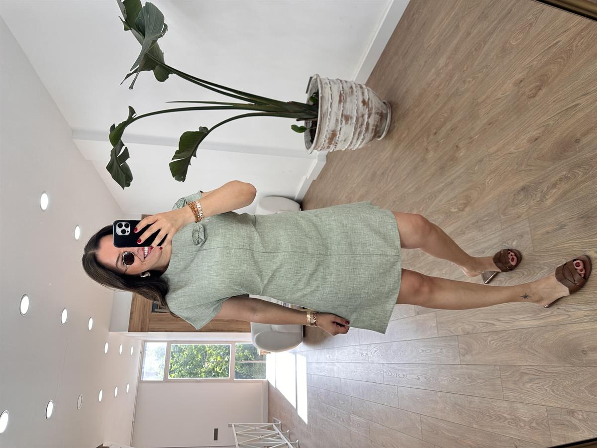 Gül Detaylı Pamuk Keten Elbise-Yeşil