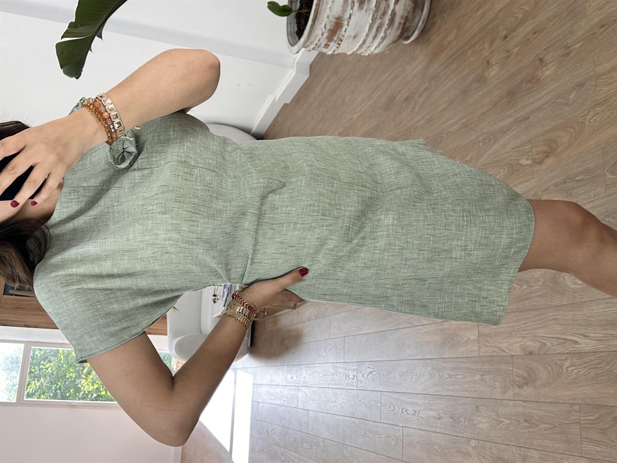 Gül Detaylı Pamuk Keten Elbise-Yeşil