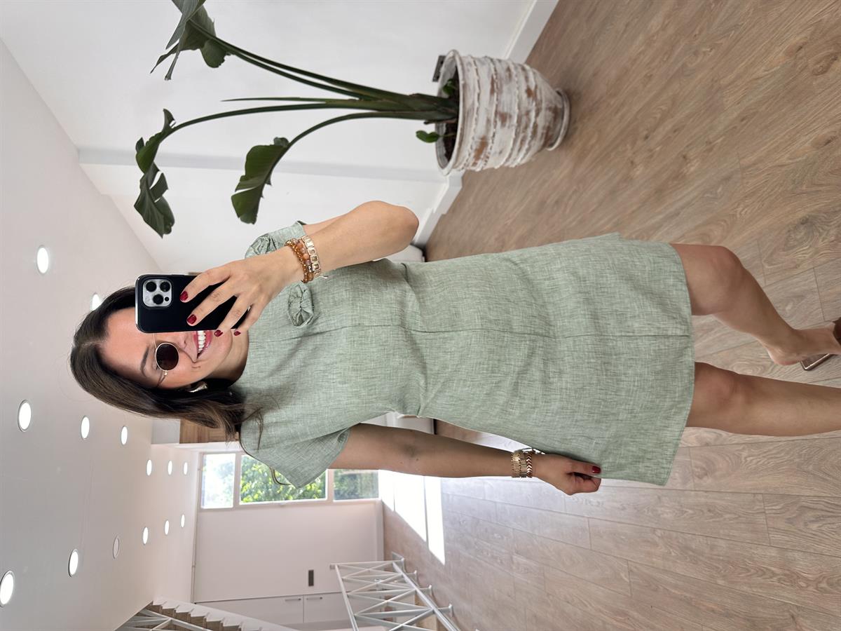 Gül Detaylı Pamuk Keten Elbise-Yeşil