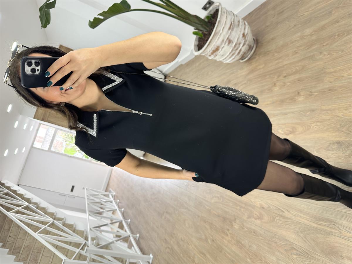 Gümüş Taşlı Krep Kumaş Mini Elbise