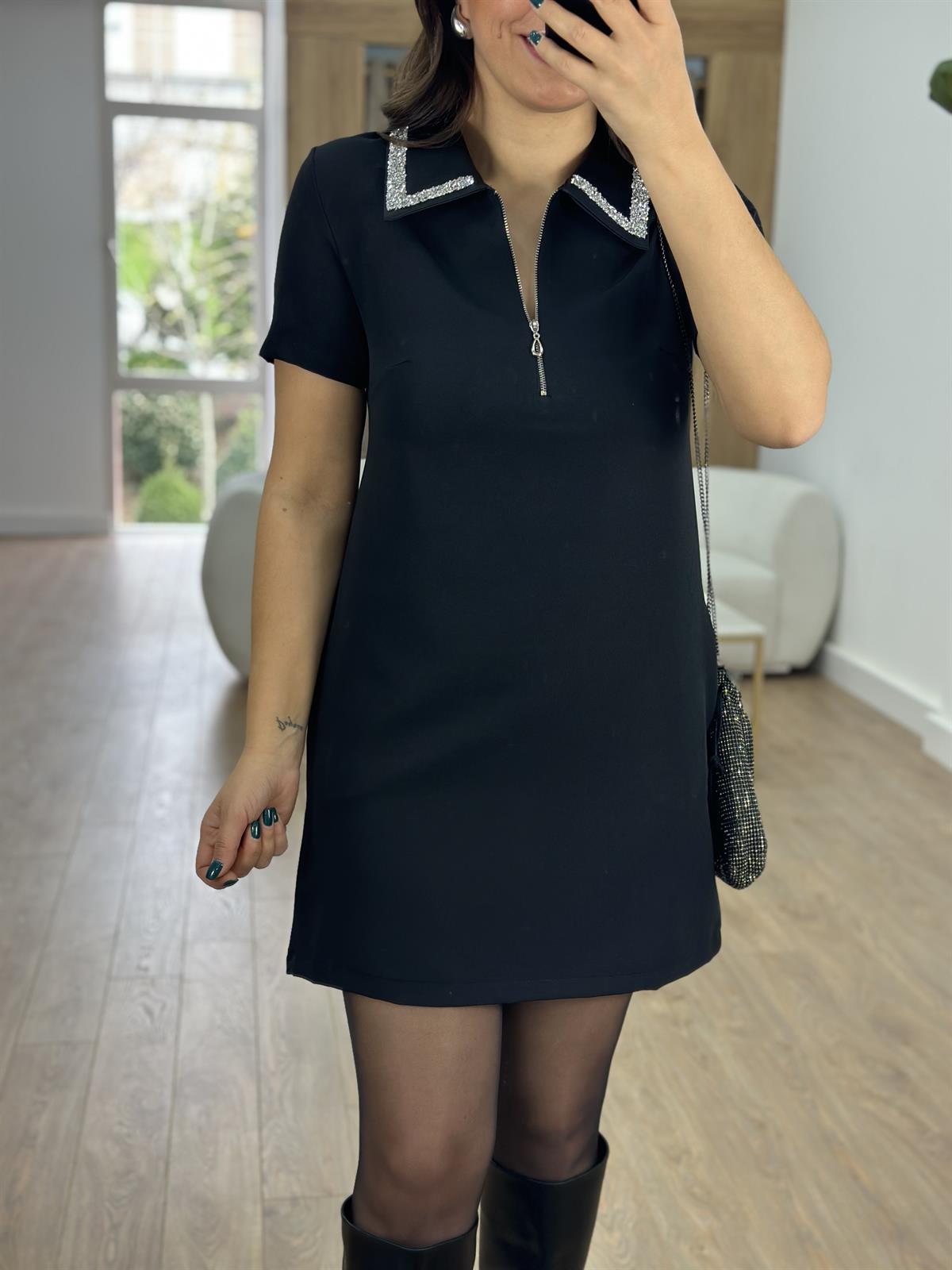 Gümüş Taşlı Krep Kumaş Mini Elbise