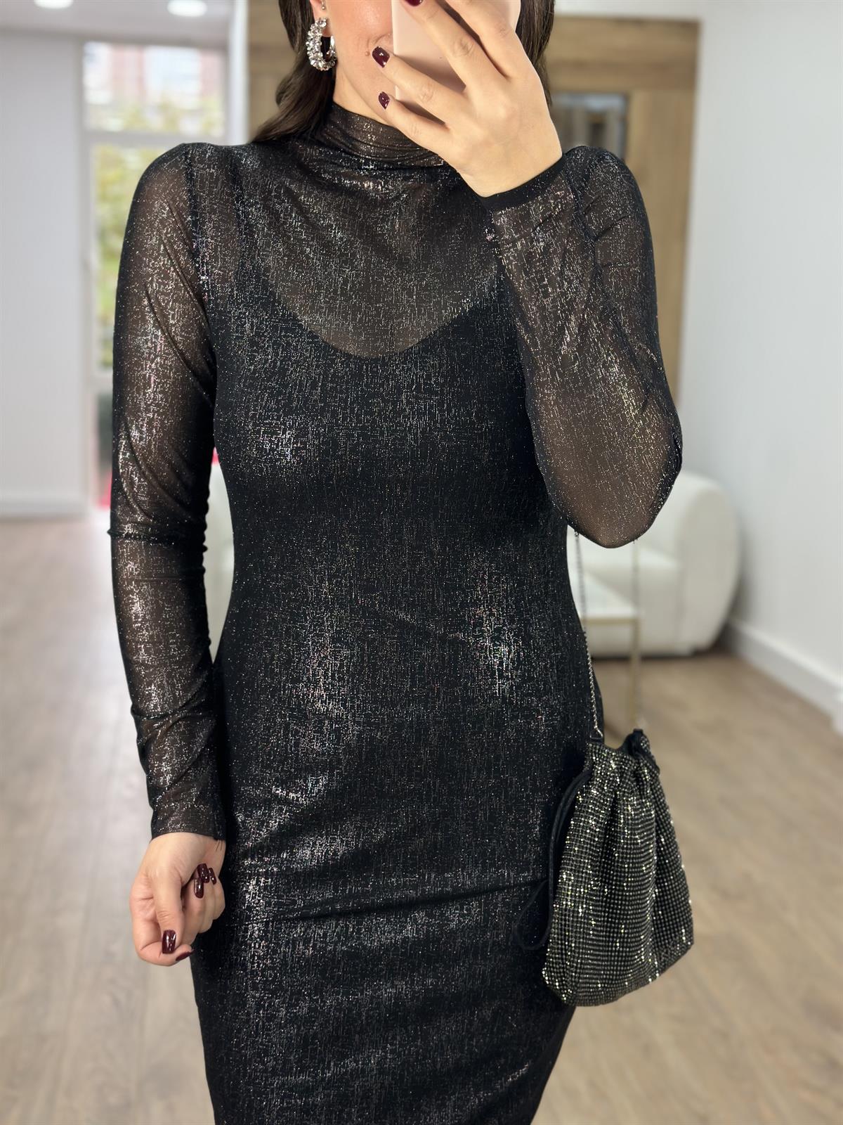 Gümüş Varak Baskılı Likralı Tül Elbise