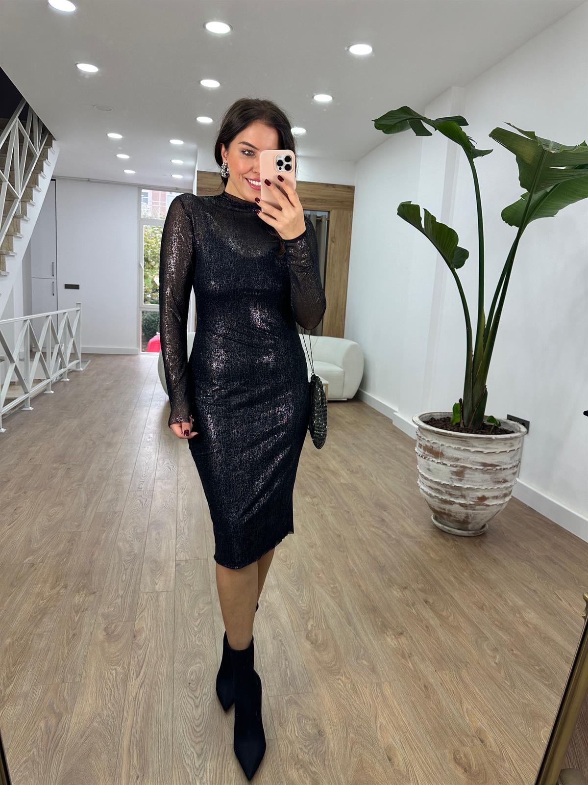 Gümüş Varak Baskılı Likralı Tül Elbise