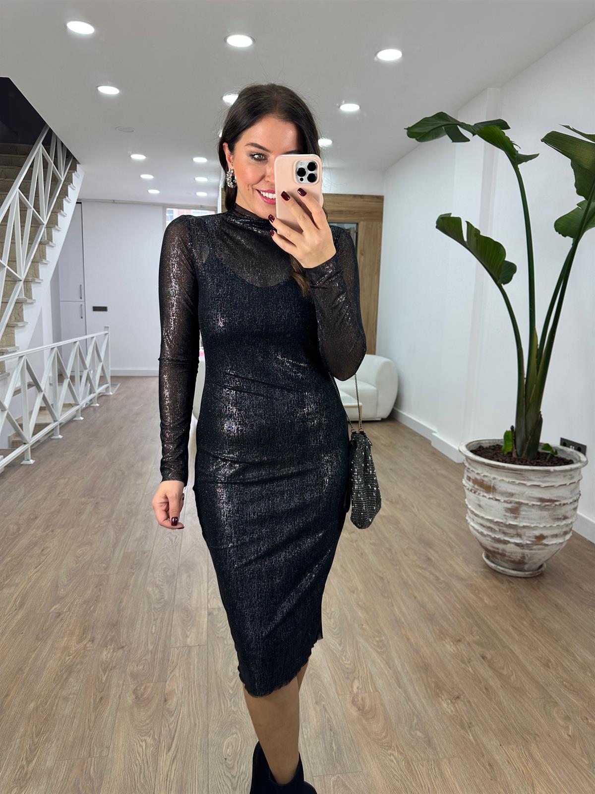 Gümüş Varak Baskılı Likralı Tül Elbise